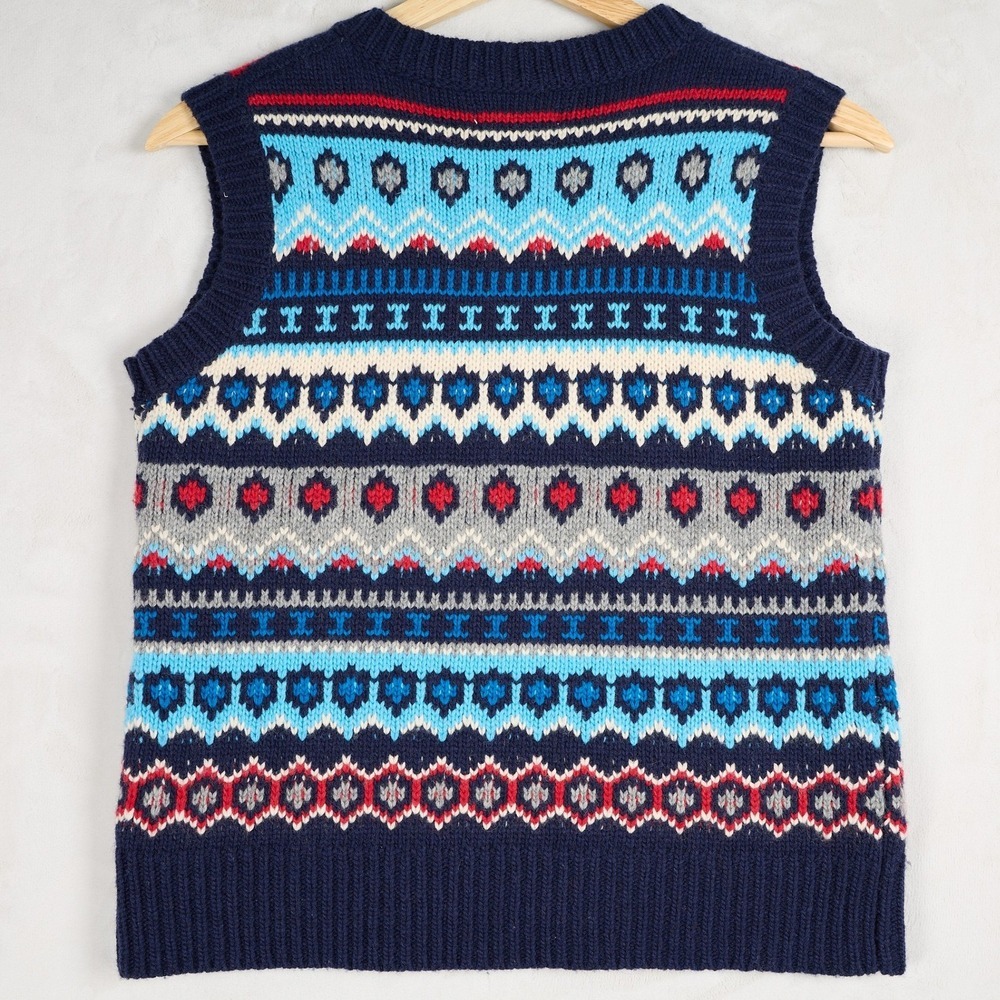 Frances Valentine Navy Blue Fair Isle Lambswool V-Neck Sweater Vest Womens Small - Picture 2 of 9
